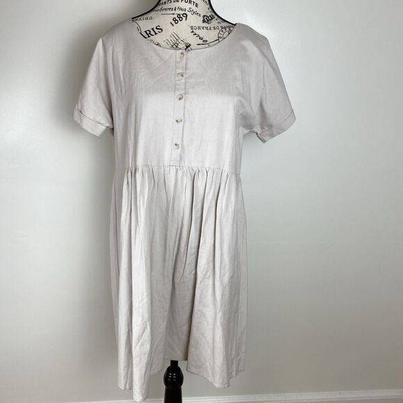 Linen Cream Button-Down Babydoll Dress - Picture 1 of 9